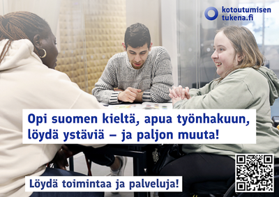 People sitting around a table studying together. kotoutumisentukena.fi. Opi suomen kieltä, apua työnhakuun, löydä ystäviä ja paljon muuta. Löydä toimintaa ja palveluja. qr code.